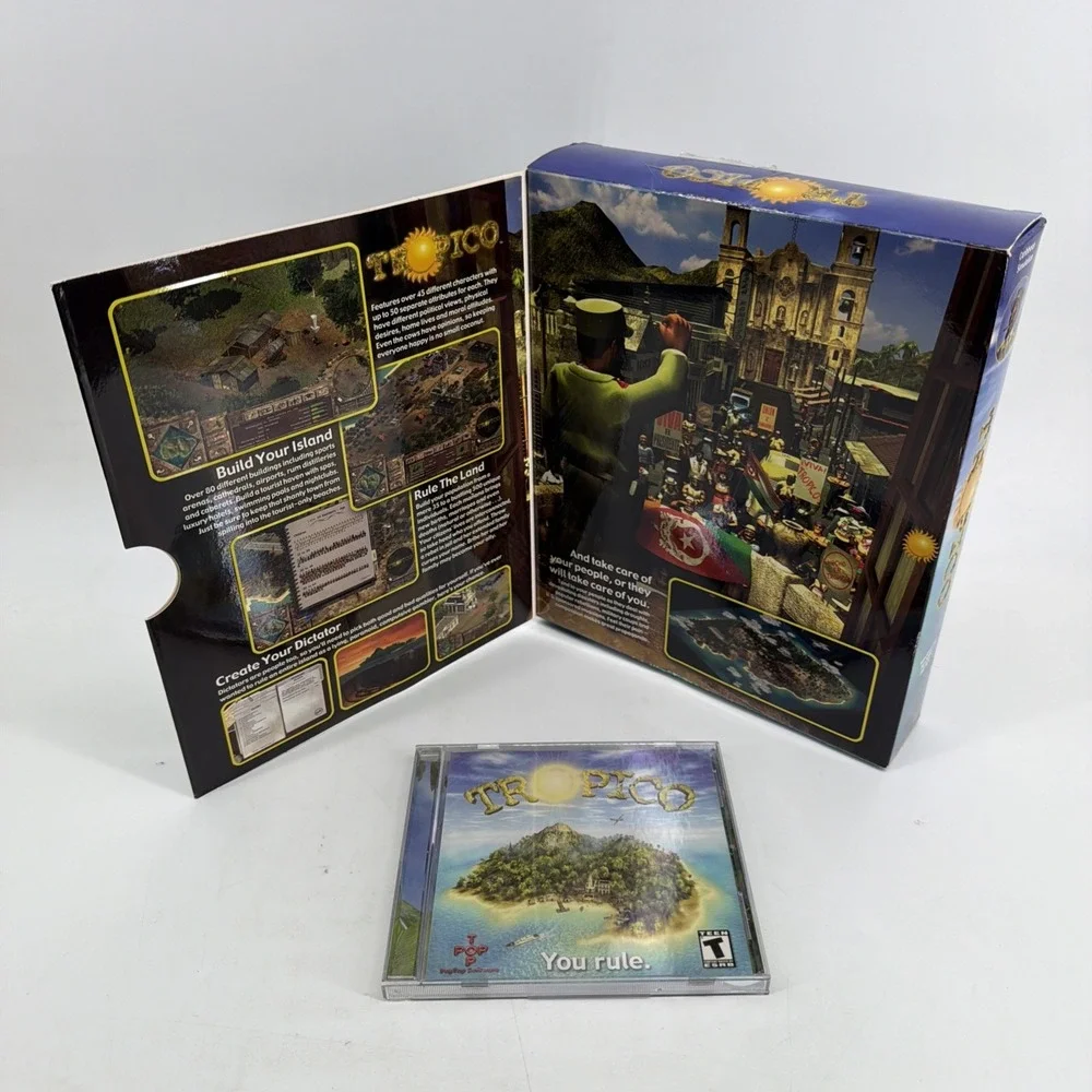 Tropico (PC, 2001) Box And Game Top pop Take two Athering Sim